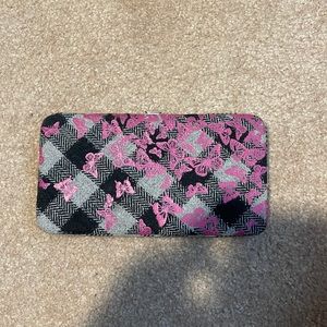 black and white plaid wallet with pink butterflies